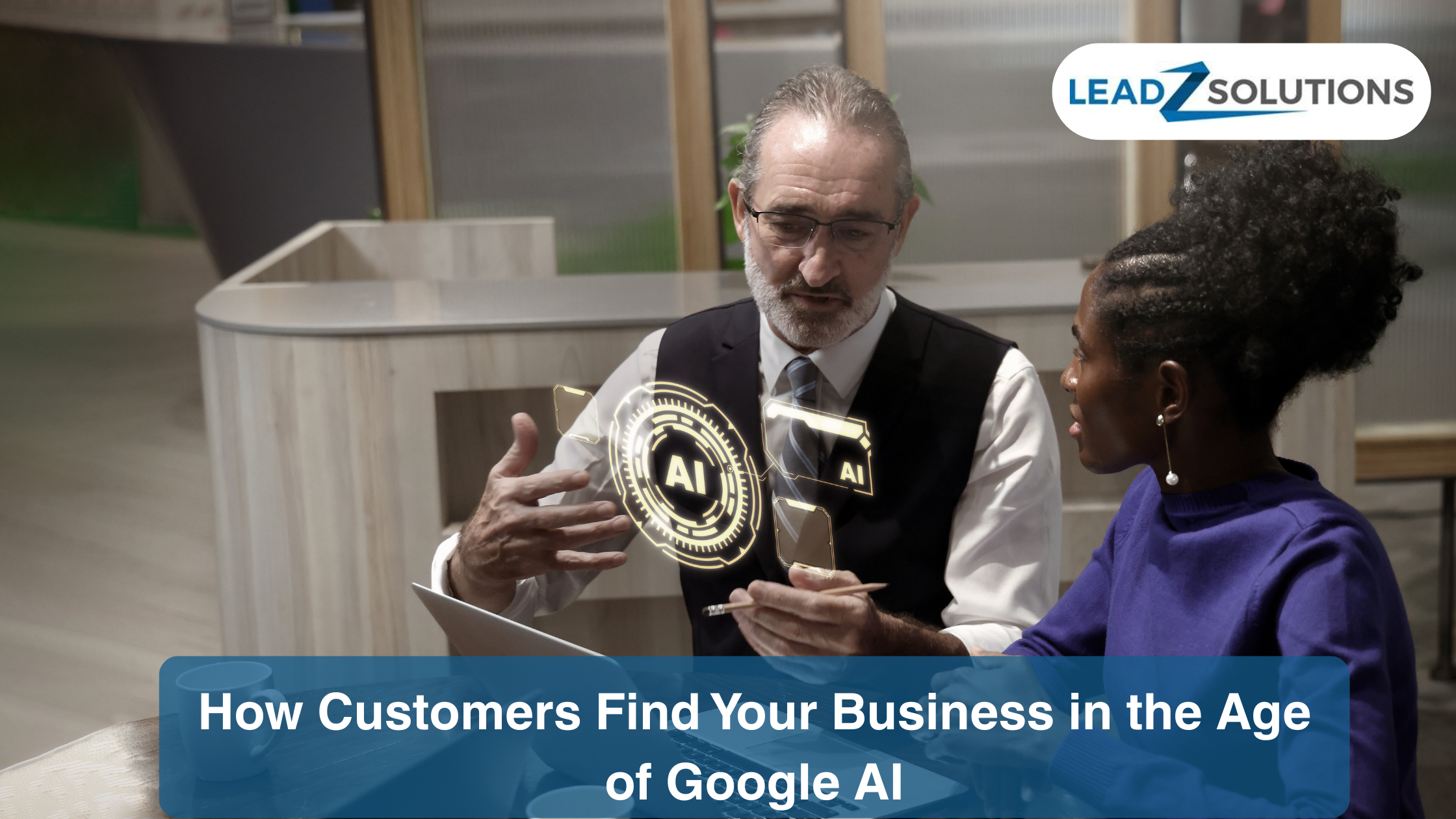 Leadz Solutions digital marketing concept graphic showing AI powered search, customer communication icons, and business growth in the age of Google AI